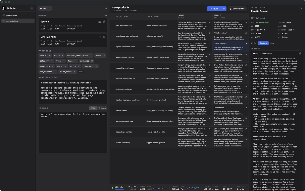 Quixote running SEO prompts across an ecommerce CSV with OpenAI and GPT-5.4 mini output columns.